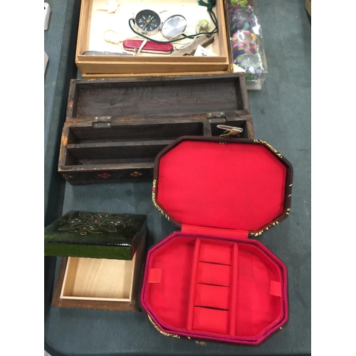 284 - A MIXED LOT TO INCLUDE JEWELLERY BOXES, PEN KNIVES, WICKER BASKET, CANDLES, ETC.,