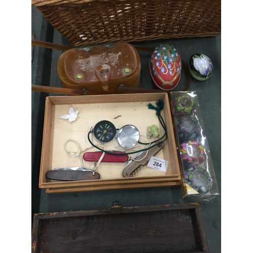 284 - A MIXED LOT TO INCLUDE JEWELLERY BOXES, PEN KNIVES, WICKER BASKET, CANDLES, ETC.,