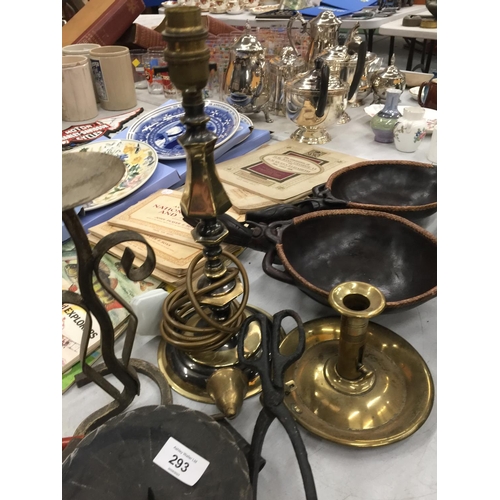 293 - A MIXED LOT TO INCLUDE A BRASS CANDLESTICK AND TWO OTHERS, CANDLE SNUFFER, ETC.,