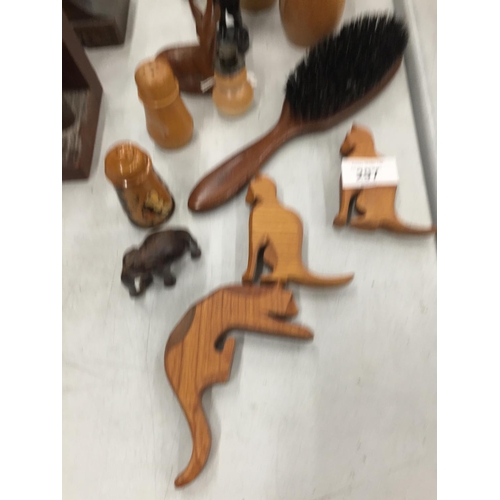 297 - A QUANTITY OF TREEN TO INCLUDE BOOKENDS, CLOCK, FIGURES, LETTER HOLDER, ETC.,