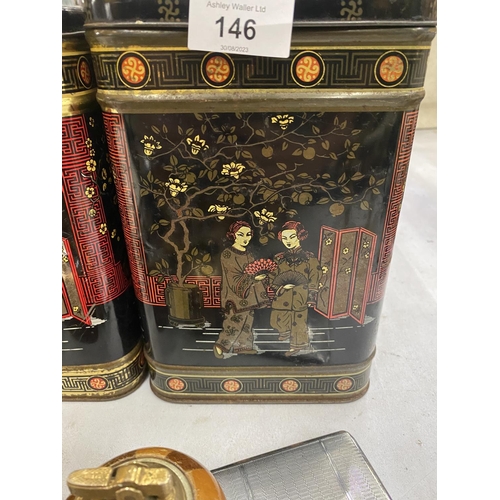 146 - TWO VINTAGE TIN TEA CADDYS WITH ORIENTAL DESIGN