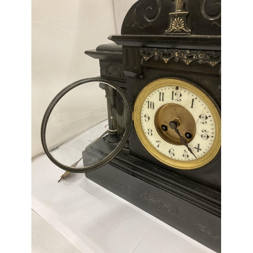 12 - A VICTORIAN SLATE CHIMING MANTLE CLOCK WITH PENDULUM AND KEY