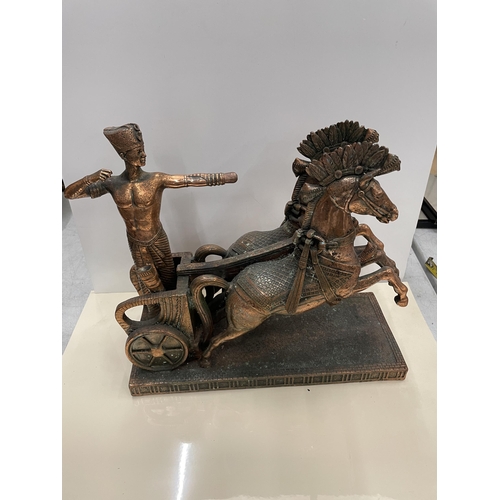 32 - A COPPER EFFECT HORSE AND CHARIOT MODEL, HEIGHT 27CM