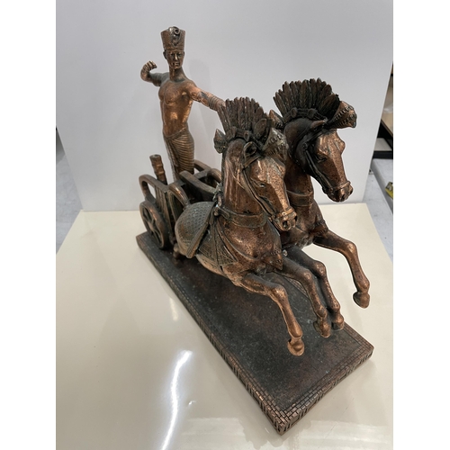 32 - A COPPER EFFECT HORSE AND CHARIOT MODEL, HEIGHT 27CM