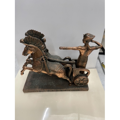 32 - A COPPER EFFECT HORSE AND CHARIOT MODEL, HEIGHT 27CM