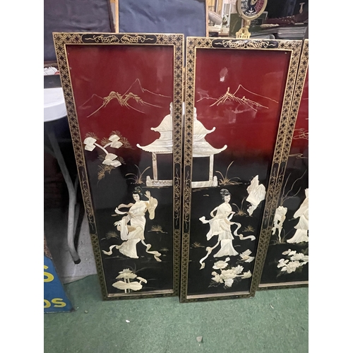 36 - A SET OF FOUR ORIENTAL MOTHER OF PEARL DESIGN LACQUERED PANELS WITH FIGURAL DESIGN