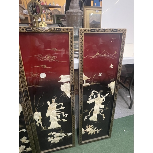 36 - A SET OF FOUR ORIENTAL MOTHER OF PEARL DESIGN LACQUERED PANELS WITH FIGURAL DESIGN