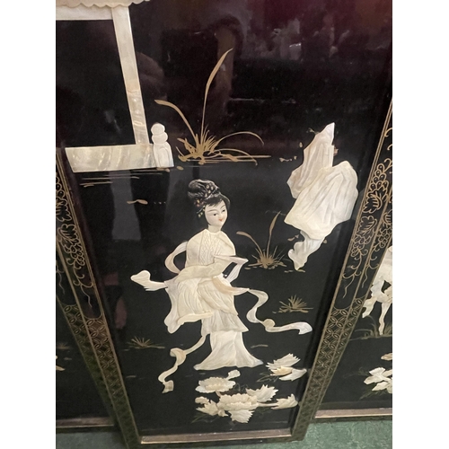 36 - A SET OF FOUR ORIENTAL MOTHER OF PEARL DESIGN LACQUERED PANELS WITH FIGURAL DESIGN