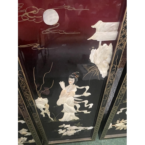 36 - A SET OF FOUR ORIENTAL MOTHER OF PEARL DESIGN LACQUERED PANELS WITH FIGURAL DESIGN