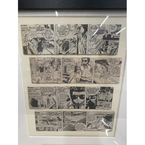 37 - A FRAMED JAMES BOND IAN FLEMING COMIC BOOK STRIP WITH LOWER PENCIL SIGNED DRAWING OF A LADY, SIGNED ... 