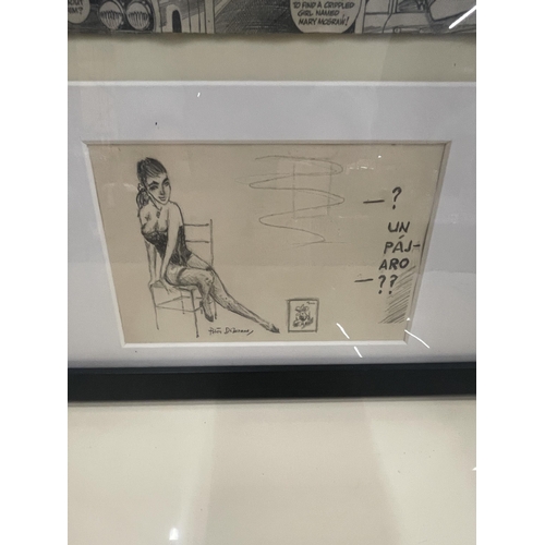 37 - A FRAMED JAMES BOND IAN FLEMING COMIC BOOK STRIP WITH LOWER PENCIL SIGNED DRAWING OF A LADY, SIGNED ... 