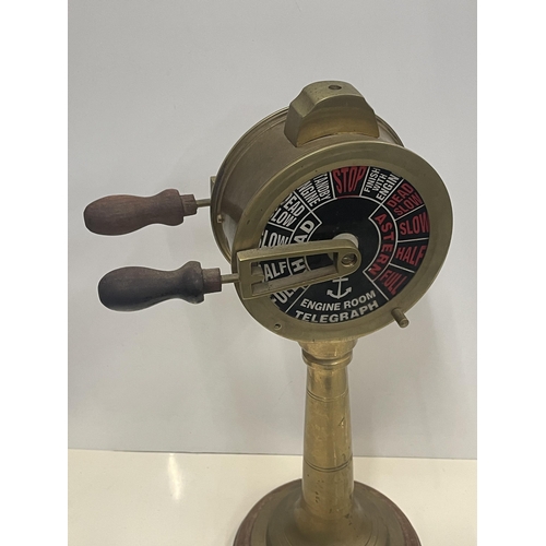 38 - A VINTAGE STYLE BRASS ENGINE ROOM TELEGRAPH ON WOODEN STAND