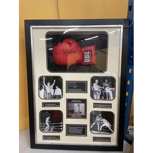 47 - A FRAMED SIR HENRY COOPER O.B.E BOXING MONTAGE WITH SIGNED BOXING GLOVE AND PHOTOS