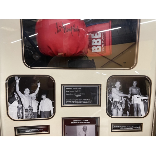 47 - A FRAMED SIR HENRY COOPER O.B.E BOXING MONTAGE WITH SIGNED BOXING GLOVE AND PHOTOS