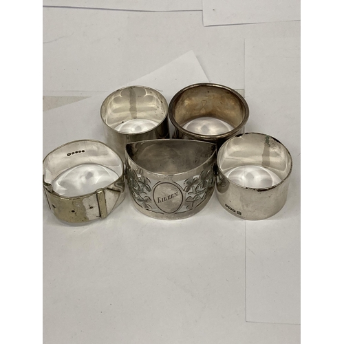 5 - A COLLECTION OF FIVE HALLMARKED SILVER NAPKIN RINGS TO INCLUDE BUCKLE DESIGN EXAMPLE ETC