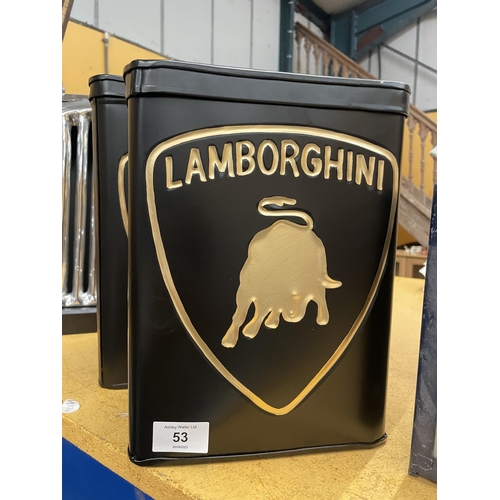 53 - TWO BLACK METAL LAMBORGHINI PETROL STORAGE CANS