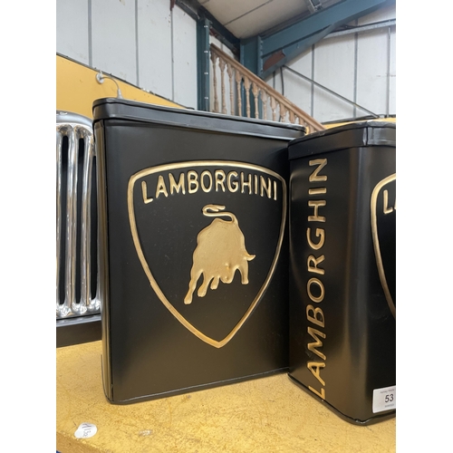 53 - TWO BLACK METAL LAMBORGHINI PETROL STORAGE CANS