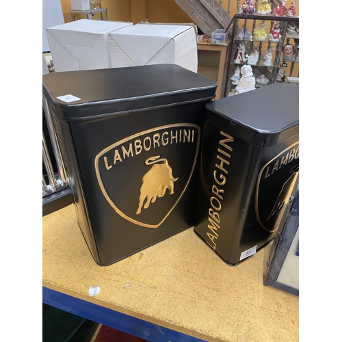 53 - TWO BLACK METAL LAMBORGHINI PETROL STORAGE CANS