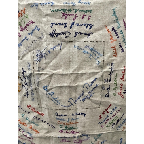 65 - A LARGE VINTAGE CLOTH WITH SIGNATURES AND EMBROIDERED NAMES INCLUDING MARGARET THATCHER