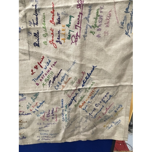 65 - A LARGE VINTAGE CLOTH WITH SIGNATURES AND EMBROIDERED NAMES INCLUDING MARGARET THATCHER