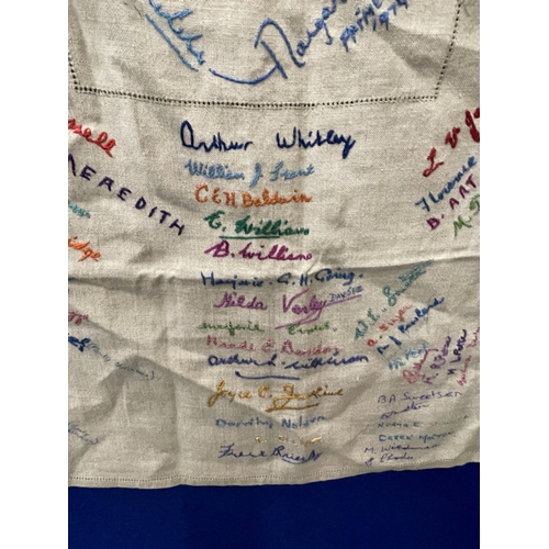 65 - A LARGE VINTAGE CLOTH WITH SIGNATURES AND EMBROIDERED NAMES INCLUDING MARGARET THATCHER