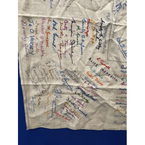 65 - A LARGE VINTAGE CLOTH WITH SIGNATURES AND EMBROIDERED NAMES INCLUDING MARGARET THATCHER