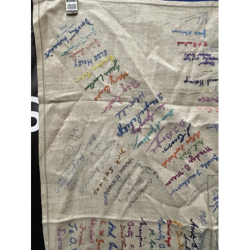 65 - A LARGE VINTAGE CLOTH WITH SIGNATURES AND EMBROIDERED NAMES INCLUDING MARGARET THATCHER