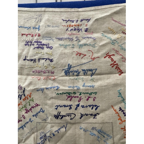 65 - A LARGE VINTAGE CLOTH WITH SIGNATURES AND EMBROIDERED NAMES INCLUDING MARGARET THATCHER