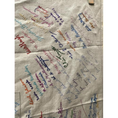 65 - A LARGE VINTAGE CLOTH WITH SIGNATURES AND EMBROIDERED NAMES INCLUDING MARGARET THATCHER