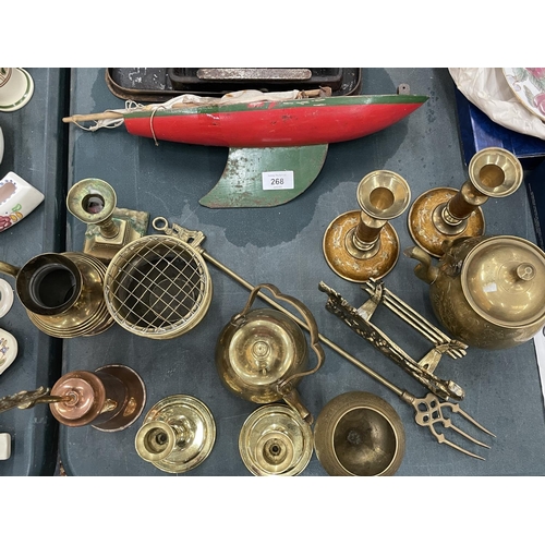 267A - A QUANTITY OF BRASSWARE TO INCLUDE CANDLESTICKS, SMALL KETTLES, ETC