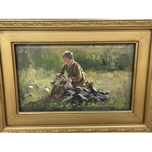 70 - BELGIUM SCHOOL (LATE 19TH CENTURY) BOY WITH BUCKET, OIL ON PANEL, 13CM X 21CM, FRAMED AND GLAZED