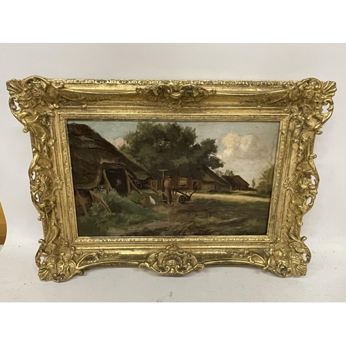 72 - A DE STERKE (CONTINENTAL 19TH CENTURY) MAN IN A FARMYARD SCENE, OIL ON CANVAS, SIGNED, 27CM X 44CM, ... 