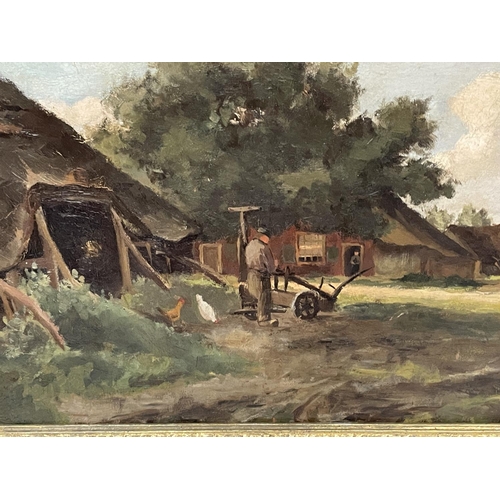 72 - A DE STERKE (CONTINENTAL 19TH CENTURY) MAN IN A FARMYARD SCENE, OIL ON CANVAS, SIGNED, 27CM X 44CM, ... 