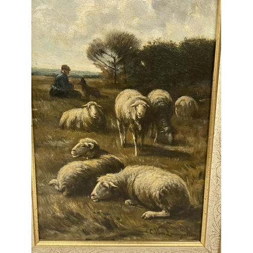 69 - CORNELIUS VAN LEEMPUTEN (BELGIUM 1841- 1902) SHEEP IN A WOODLAND SETTING, OIL ON PANEL, SIGNED, 27CM... 