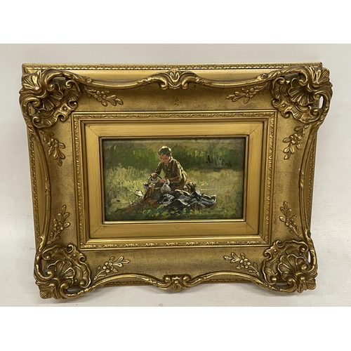 70 - BELGIUM SCHOOL (LATE 19TH CENTURY) BOY WITH BUCKET, OIL ON PANEL, 13CM X 21CM, FRAMED AND GLAZED