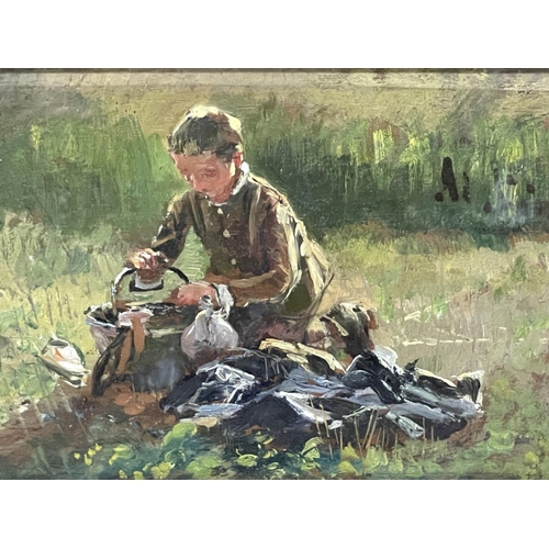 70 - BELGIUM SCHOOL (LATE 19TH CENTURY) BOY WITH BUCKET, OIL ON PANEL, 13CM X 21CM, FRAMED AND GLAZED