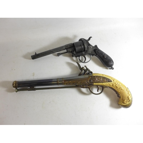 550 - A REPLICA NON FIRING FLINTLOCK PISTOL, REPLICA PIN FIRE REVOLVER, LENGTH 28 AND 39CM