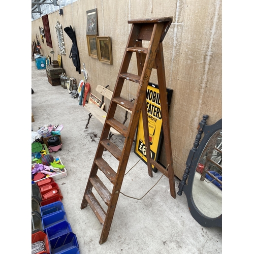 1591 - A VINTAGE EIGHT RUNG WOODEN STEP LADDER DATED 1960 AND BELIEVED TO BE FROM NORWEB