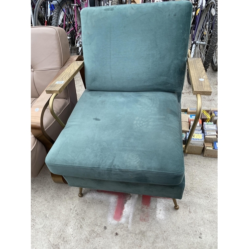 2779 - A KARE DESIGN FIRESIDE CHAIR, GREEN UPHOLSTERED WITH METALWARE ARMS AND LEGS