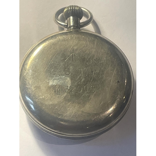 522A - A MILITARY POCKET WATCH WITH CROWS FOOT SEEN WORKING BUT NO WARRANTY