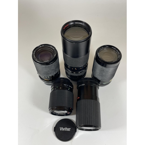 115 - A GROUP OF FIVE VINTAGE CAMERA LENS' - TAMRON BBAR MC, MITSUKI MACRO, VIVITAR MACRO FOCUSING ZOOM, S... 