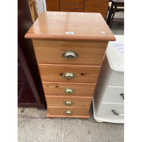 2784 - A NARROW PINE CHEST OF FIVE DRAWERS WITH SCOOP HANDLES