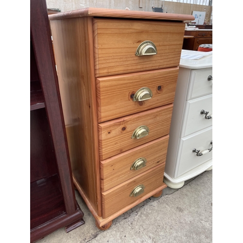 2784 - A NARROW PINE CHEST OF FIVE DRAWERS WITH SCOOP HANDLES