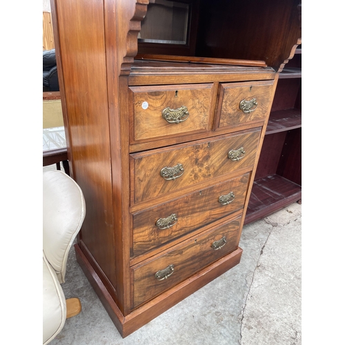 2786 - AN EARLY 20TH CENTURY WALNUT AND MAHOGANY CABINET WITH TWO UPPER DOORS AND DRAWERS AND TWO SHORT AND... 