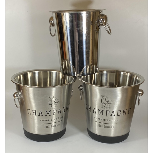 109 - A PAIR OF CHROME EFFECT CHAMPAGNE BUCKETS AND FURTHER STAINLESS STEEL BUCKET (3)