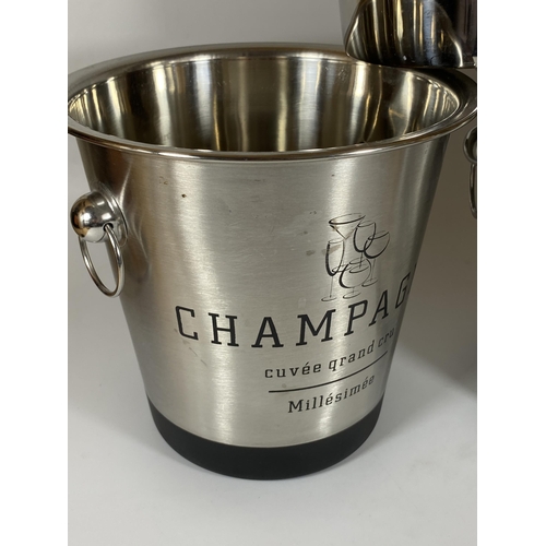 109 - A PAIR OF CHROME EFFECT CHAMPAGNE BUCKETS AND FURTHER STAINLESS STEEL BUCKET (3)