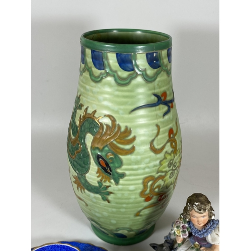 110 - THREE ITEMS - CHARLOTTE RHEAD CROWN DUCAL MANCHU DRAGON PATTERN VASE, (A/F), HEIGHT 27CM, COPELAND S... 