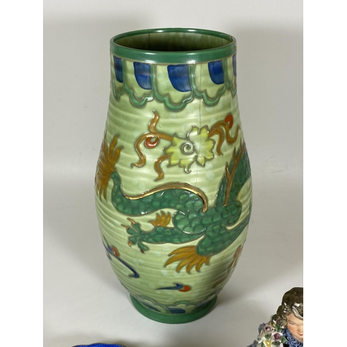 110 - THREE ITEMS - CHARLOTTE RHEAD CROWN DUCAL MANCHU DRAGON PATTERN VASE, (A/F), HEIGHT 27CM, COPELAND S... 