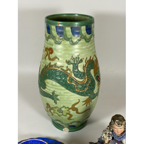 110 - THREE ITEMS - CHARLOTTE RHEAD CROWN DUCAL MANCHU DRAGON PATTERN VASE, (A/F), HEIGHT 27CM, COPELAND S... 