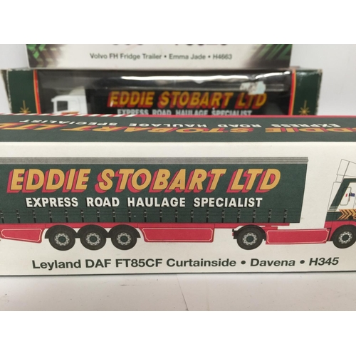 336 - FOUR BOXED EDDIE STOBART TRUCKS, 3 ATLAS AND 1 CORGI